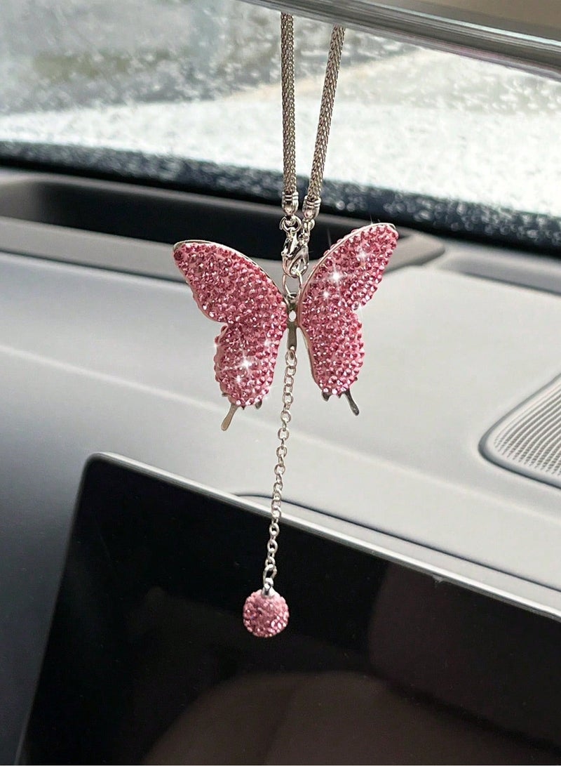 Car Decoration Shiny Pink erfly Design – Elegant Feminine Car Accessory – Rearview Mirror Hanging Ornament - Image 1